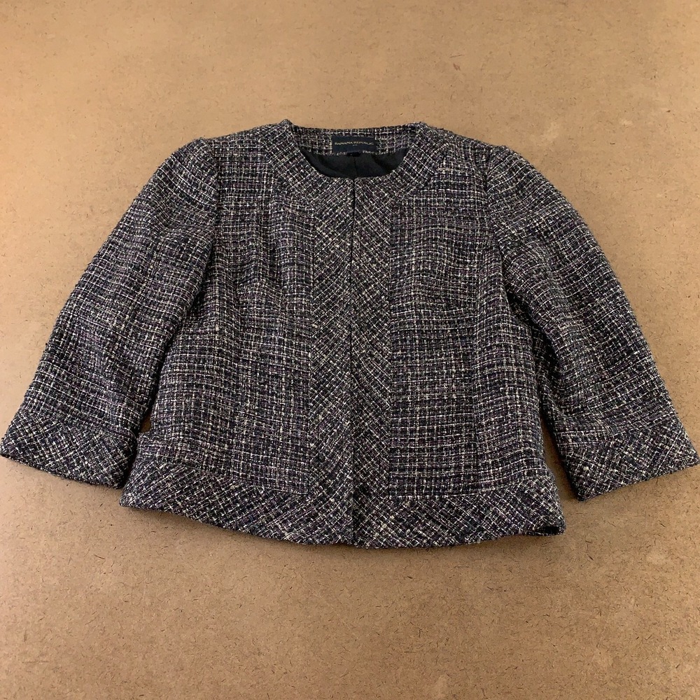 Banana Republic Women's Size 4 Black Tweed 3/4 Sleeve Zip Front Short Blazer‎